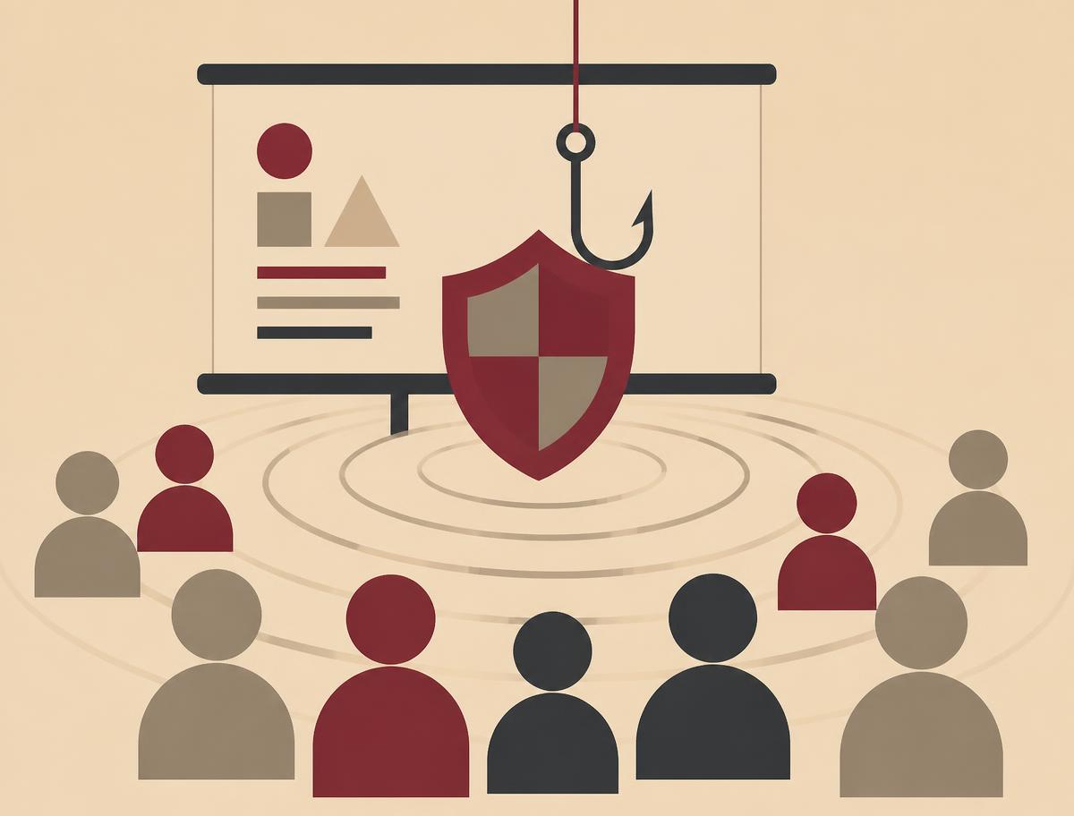 Illustration of a security awareness session with a presentation board, a phishing hook deflected by a shield and an audience