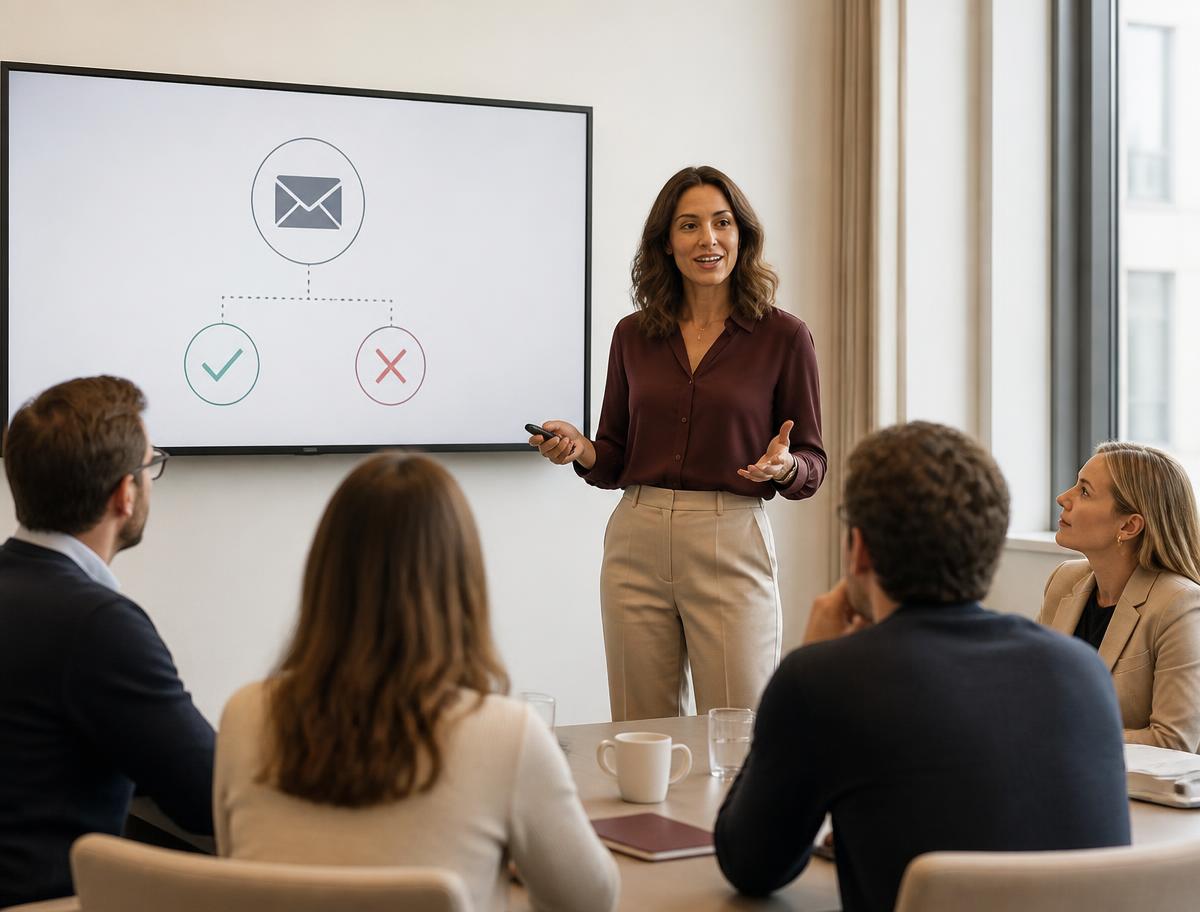 Illustration of a security awareness session with a presentation board, a phishing hook deflected by a shield and an audience