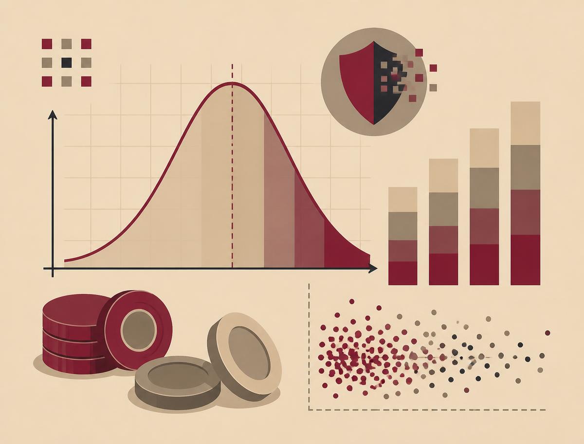 Illustration of a probability distribution, stacked bars and Monte Carlo scatter representing cyber risk quantification